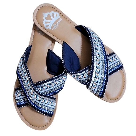 Fergalicious Sandals Blue Beaded Criss Cross Woven Slip On Open Toe Slides - Picture 5 of 11